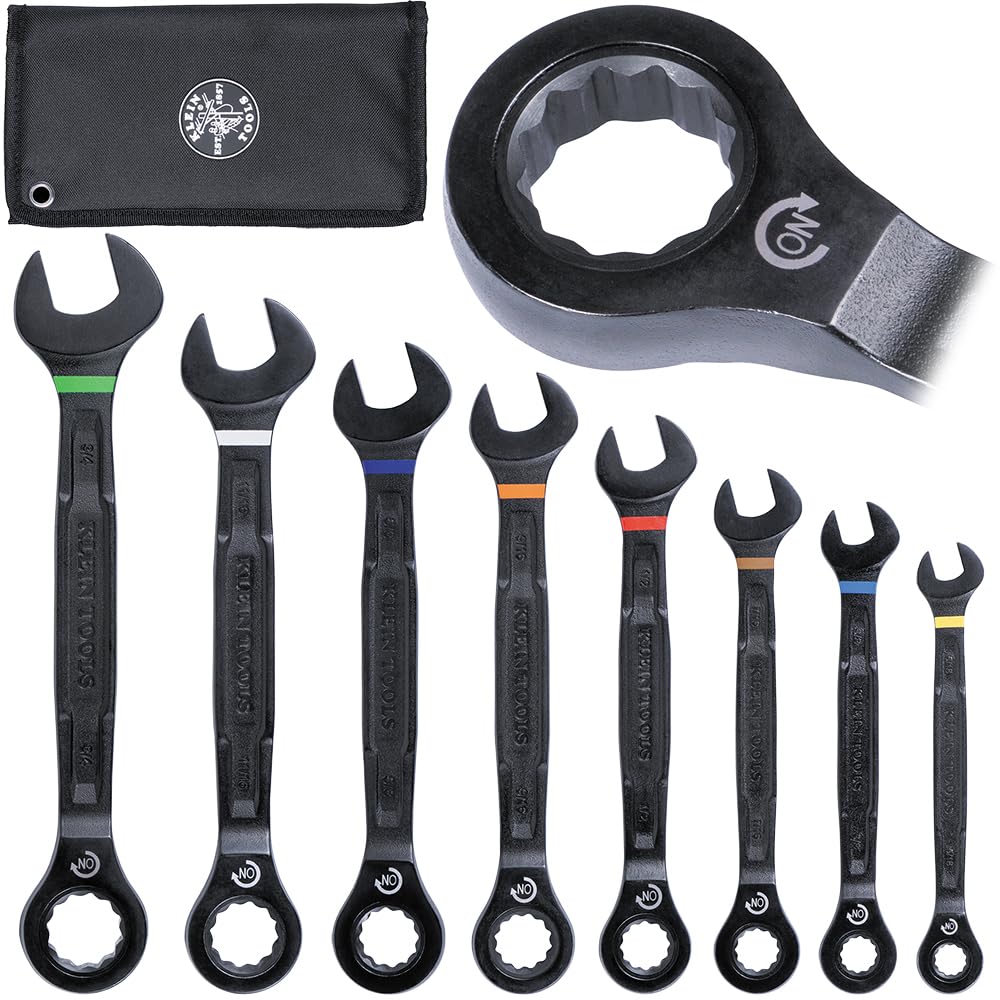 Klein Tools 69408G Ratcheting Combination Wrench Set for Professional Mechanics, SAE, 8-Piece, 5/16 to 3/4-Inch, Steel A