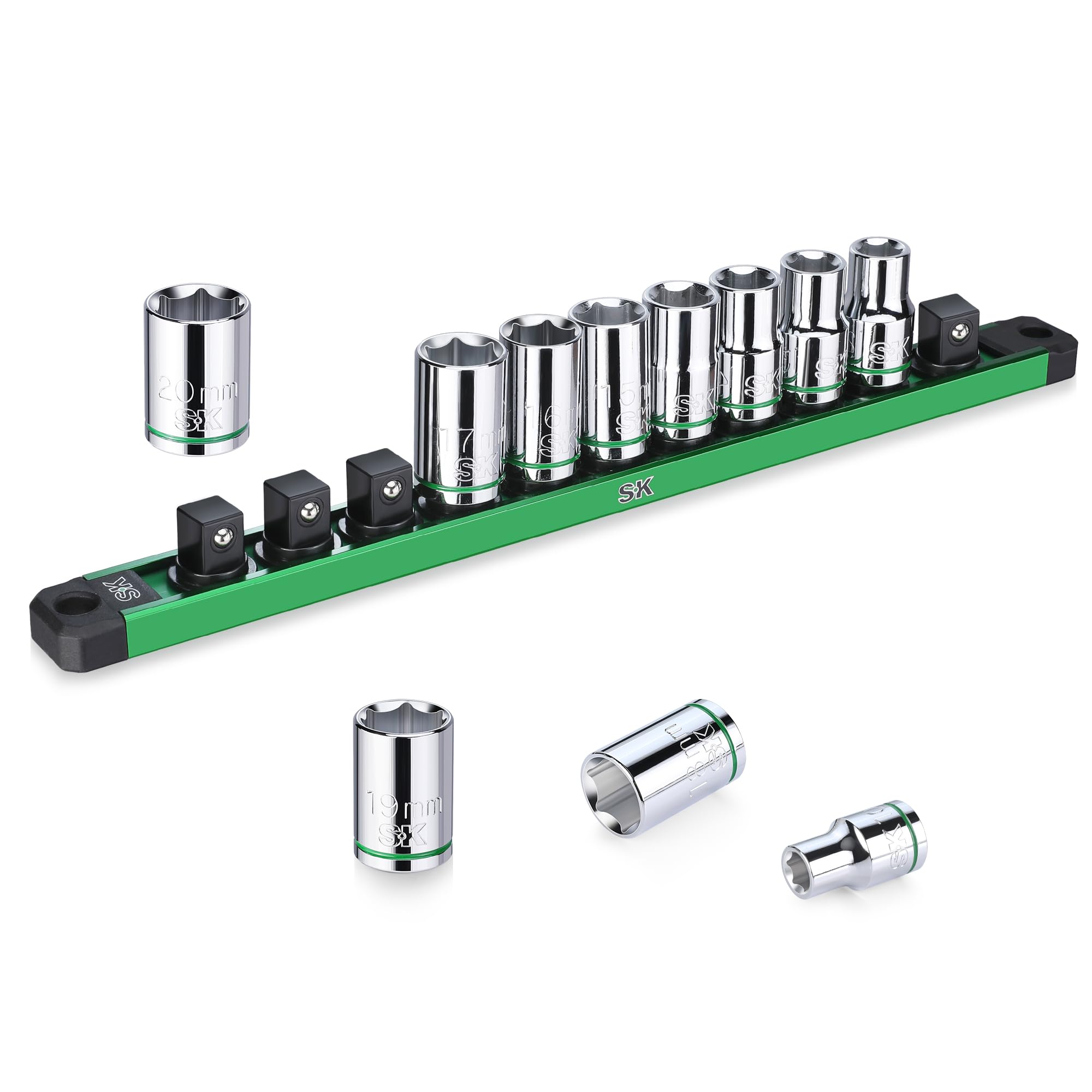 SK 1/2" Drive Metric Sockets 11-Piece 10-20mm Preminum CR-V Construction SuperKrome Finish Aluminum Socket Organizer
SK