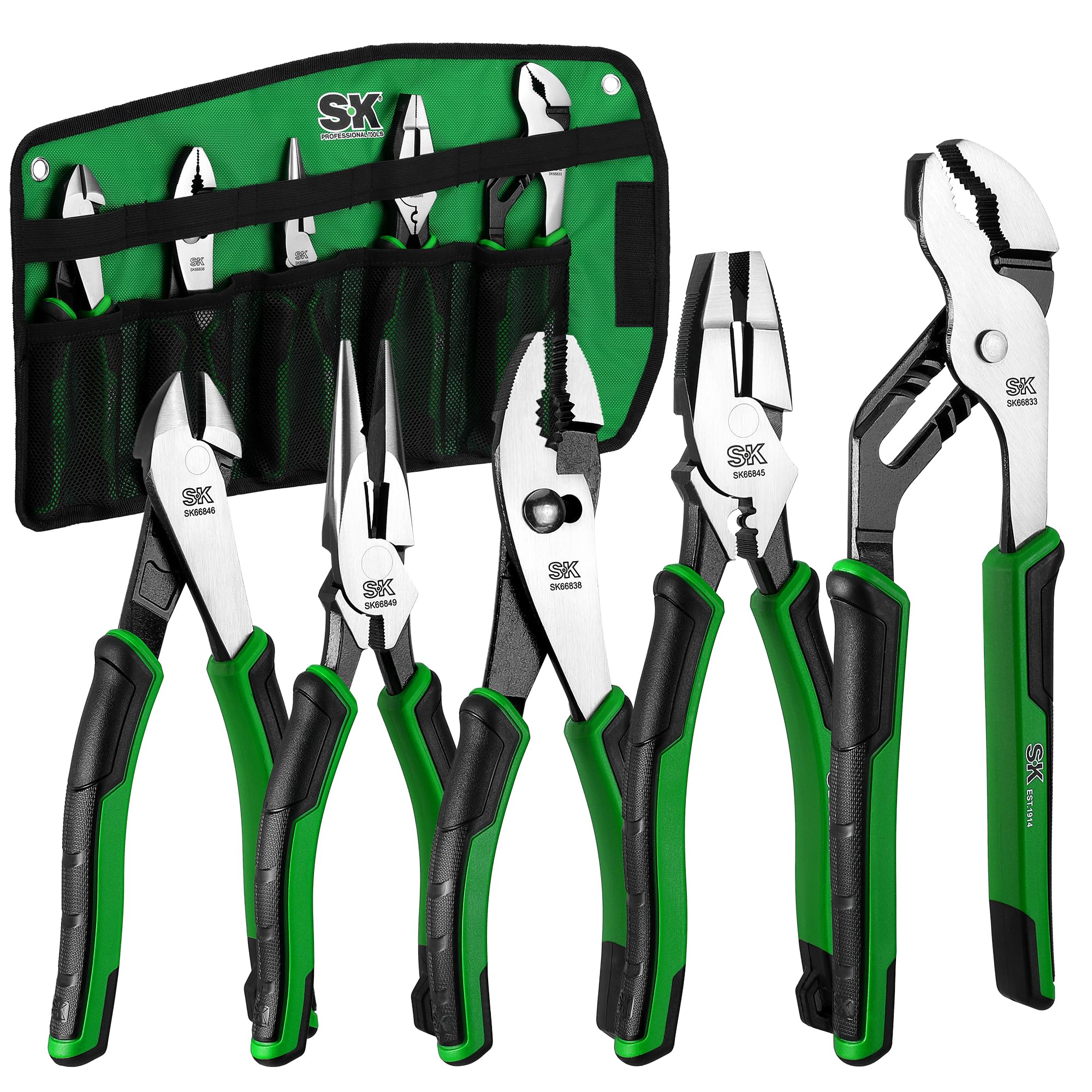 SK Anti-slip Handle 5-Piece Pliers Set for CR-V ConstructionWorkers, 8" Needle Nose & Slip Joint & Diagonal Pliers, 9.5"