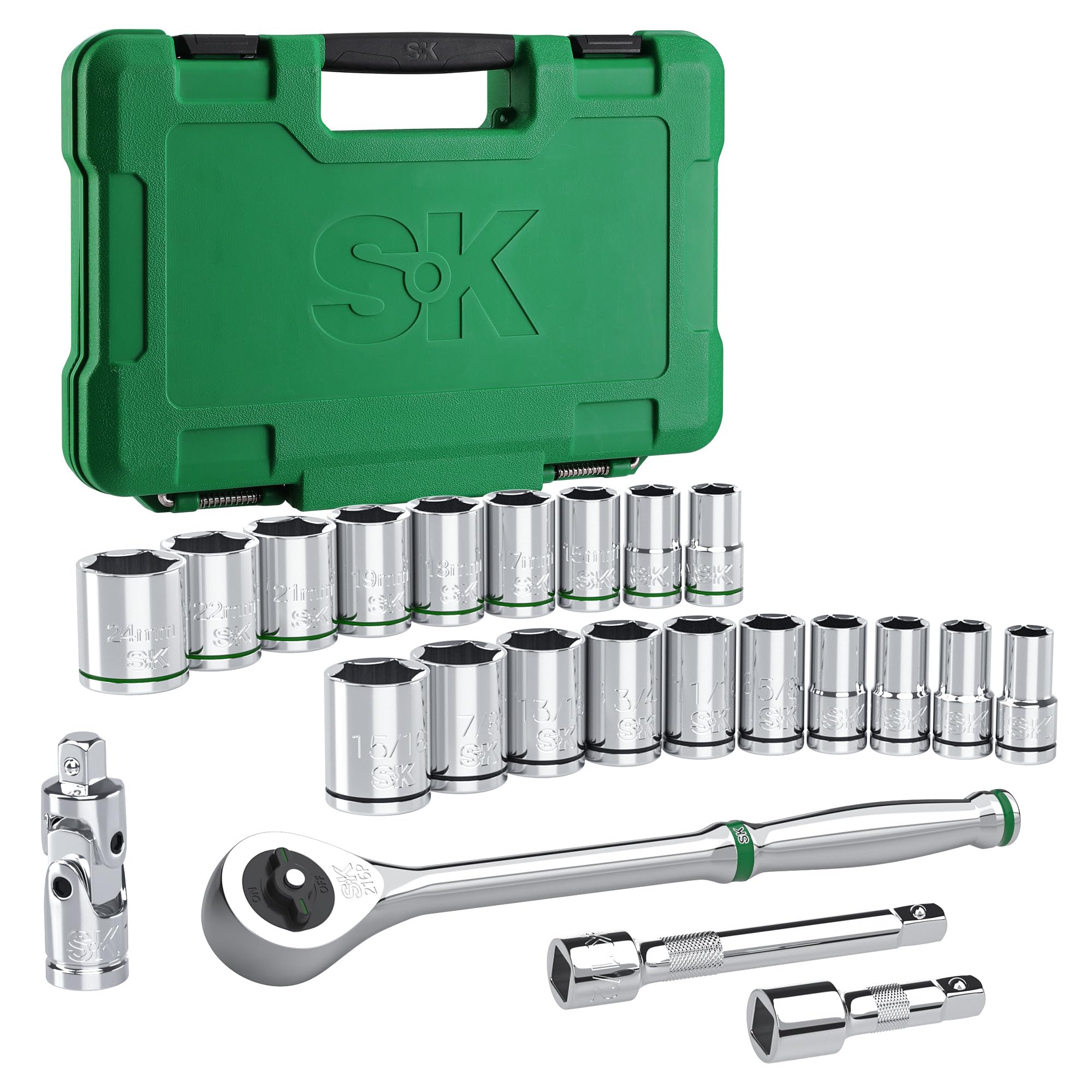 SK 1/2" Drive Socket Set Premium CR-V Construction SAE & Metric SuperKrome Finish 23-Piece Quick-Release Ratchet Storage
