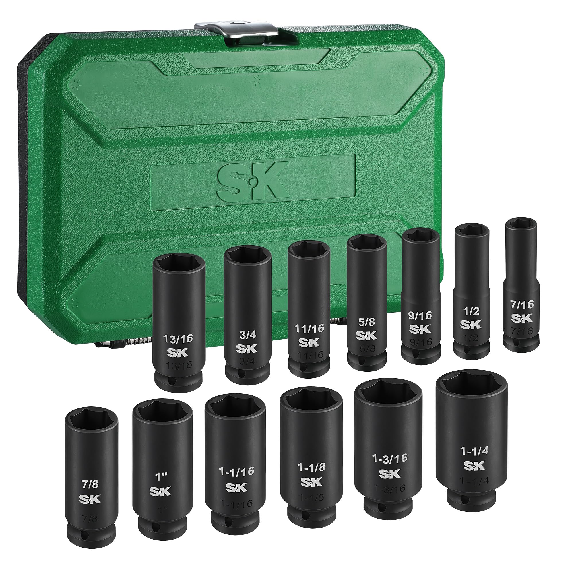 SK Premium 1/2" Drive Impact Socket Set, Deep SAE Sockets, 13-Piece 7/16" to 1-1/4", SureGrip 6 Point Design, With Stora