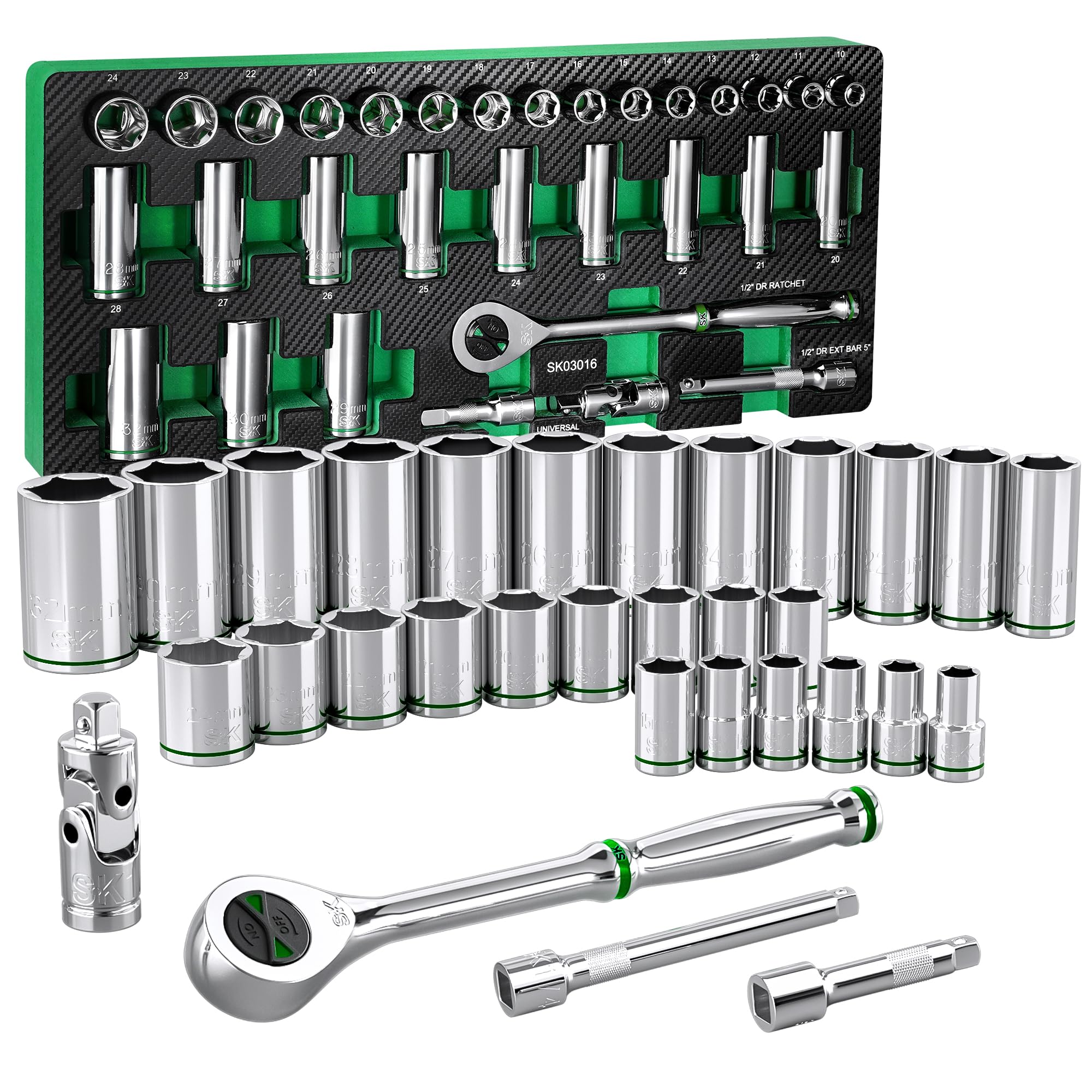 SK 1/2" Drive Socket Set with 160-P Ratchet, Metric, SuperKrome Finish, Premium CR-V Construction