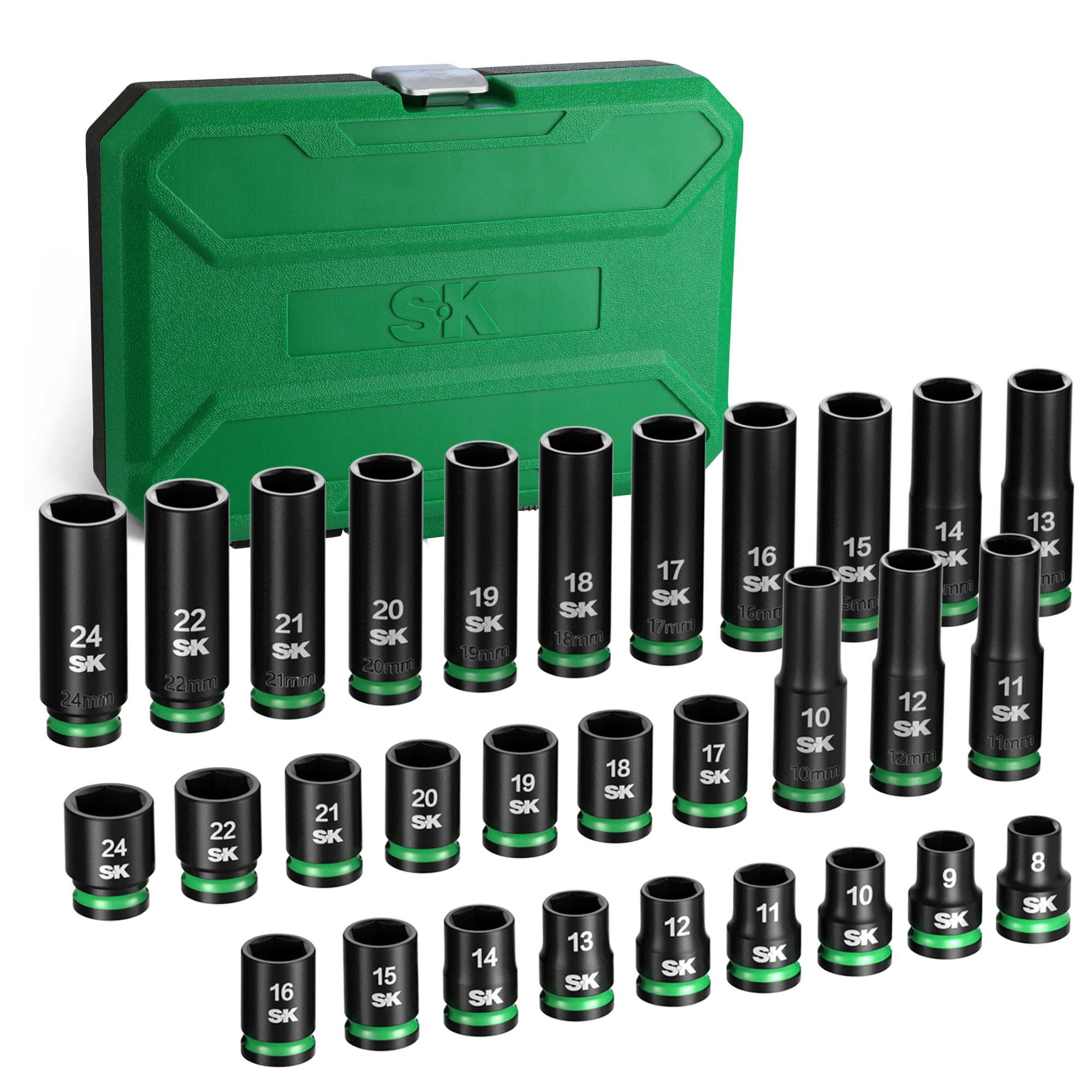 SK 1/2" Drive Impact Socket Set, Premium CR-MO Steel, Deep 10mm to 24mm Sockets, Shallow 8mm to 24mm, For Automotive Rep